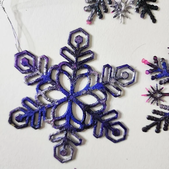 6 HANDCRAFTED Upcycled Plastic Snowflakes HANDPAINTED Holiday Ornaments Decor - Picture 3 of 17